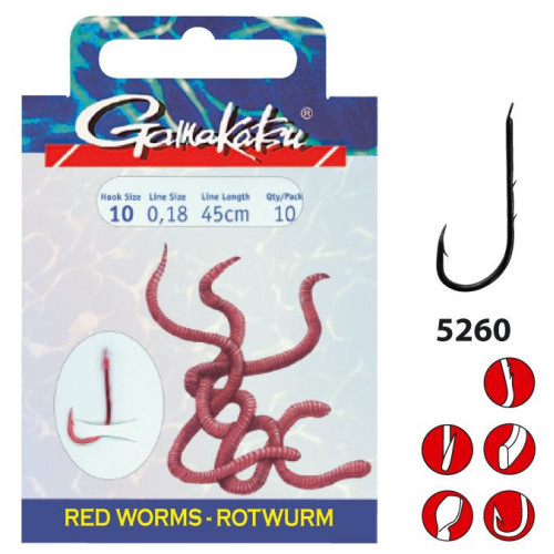 Bas De Ligne Gamakatsu Hook BKS-5260R Red Worm 45 cm 10pcs
