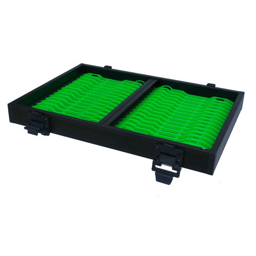 Casier de station en aluminium noir Orion Concept garni de 32 plioirs à lignes verts avec calage en mousse EVA