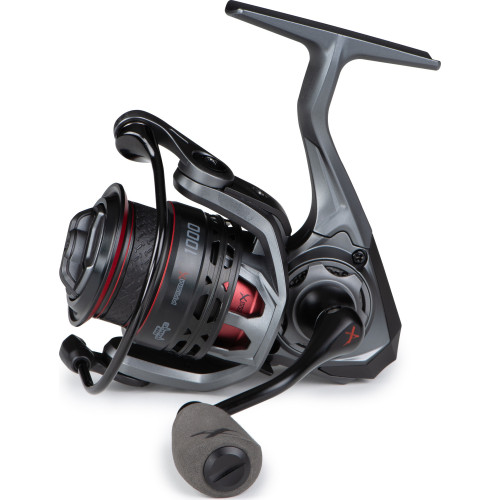 Petit moulinet spinning Fox Rage Prism X taille 1000 noir et gris anthracite, design compact pour pêche ultra-légère.