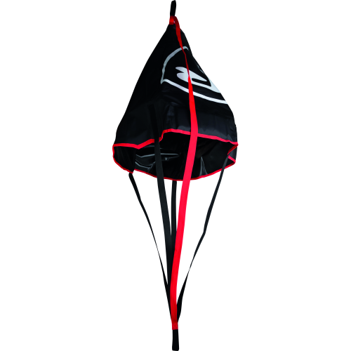 Ancre flottante noire Fox Rage Drogue déployée en forme de parachute avec logos R rouges, cordage et mousqueton inox.