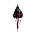 Ancre flottante noire Fox Rage Drogue déployée en forme de parachute avec logos R rouges, cordage et mousqueton inox.