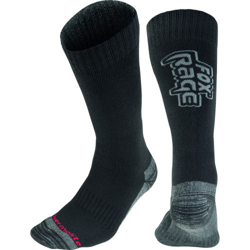Paire de chaussettes thermiques Fox Rage Thermolite grises et noires avec logos Fox Rage, conçues pour la pêche hivernale.