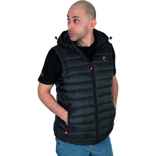 Gilet chauffant Fox Rage style doudoune noire avec bouton de contrôle LED, capuche amovible et système de chauffe USB intégré.