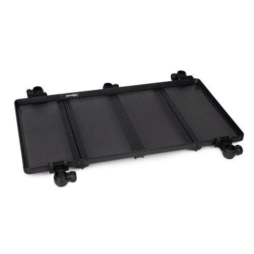Grande desserte de pêche Matrix Folding Side Tray XL ouverte avec plateau perforé et attaches universelles noires