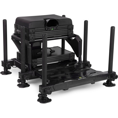 Station de pêche professionnelle Matrix S36 Pro Black Edition avec pieds de 36mm, châssis noir et repose-pieds texturé