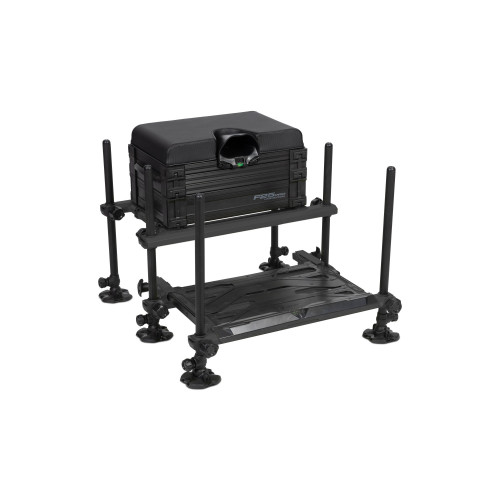 Station de pêche Matrix F25 Pro Seatbox Black Edition avec cadre noir, pieds de 25mm et repose-pieds coulissant