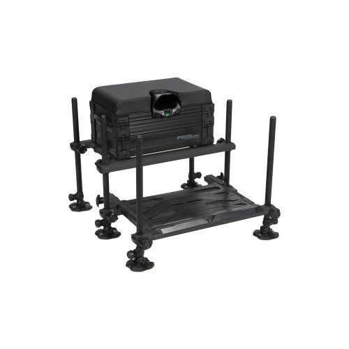 Station de pêche Matrix F25 Pro Seatbox Black Edition avec cadre noir, pieds de 25mm et repose-pieds coulissant
