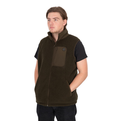 Gilet sans manche Fox Olive Sherpa Hybrid en polaire verte avec poches zippées et col montant.