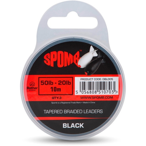 Bobine de 3 têtes de ligne coniques en tresse Spomb Tapered Braided Leaders, coloris noir, résistance 50lb à 20lb.