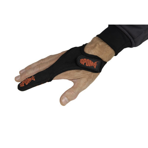 Doigt de lancer Spomb Finger Stall en cuir noir renforcé avec sangle de poignet élastique et fixation velcro.