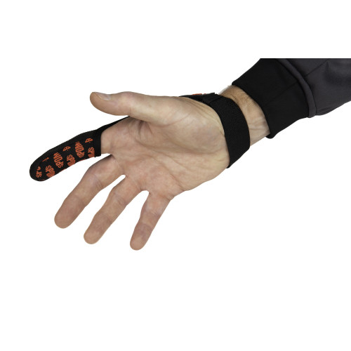 Doigt de lancer Spomb Finger Stall en cuir noir renforcé avec sangle de poignet élastique et fixation velcro. 2