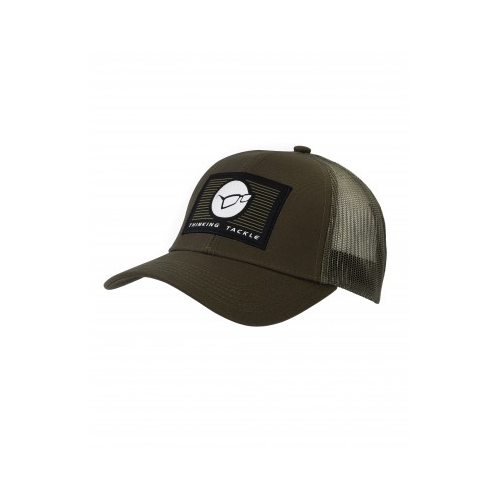 Casquette de pêche Korda TT Trucker coloris vert olive avec logo Thinking Tackle et filet aéré à l'arrière.