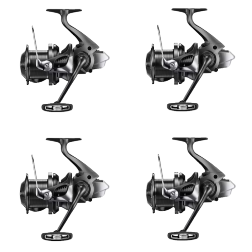 Set complet de quatre moulinets Shimano Aerlex XTC 14000 longue distance avec oscillation Super Slow 5 et design noir mat.