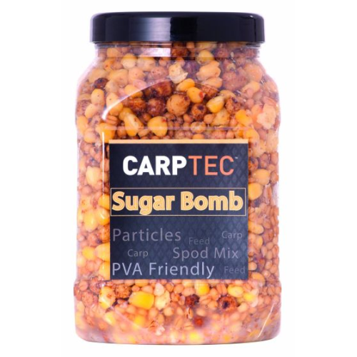 Bidon de 2 litres de graines cuites sucrées au maïs, blé et tiger nut PVA Friendly Dynamite Baits Carptec Particles Sugar Bomb.
