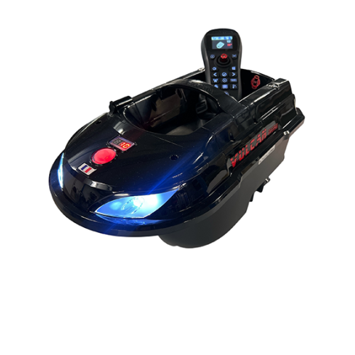 Bateau amorceur compact de pêche de la carpe Boatman Vulcan Mini Basic avec sa télécommande.