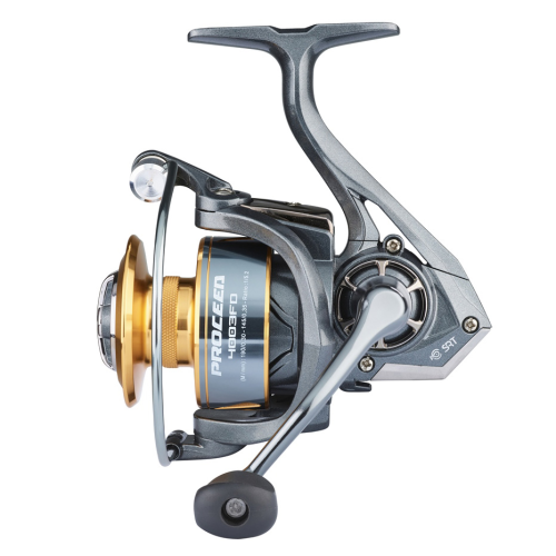 Moulinet spinning compact SRT Proceed Efi 2003 Fd avec bobine aluminium ajourée bicolore.