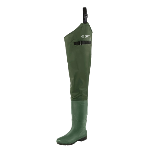 Cuissardes étanches en PVC 70D souple SRT avec bottes à semelles crantées.