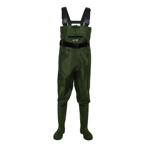 Waders étanches en PVC 70D SRT avec ceinture de wading et bottes à semelles crantées.
