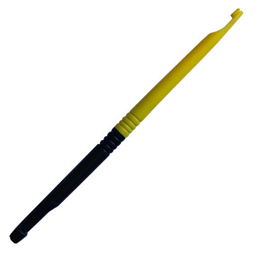 Dégorgeoir de pêche double embout jaune et noir avec aiguille de démêlage interne.